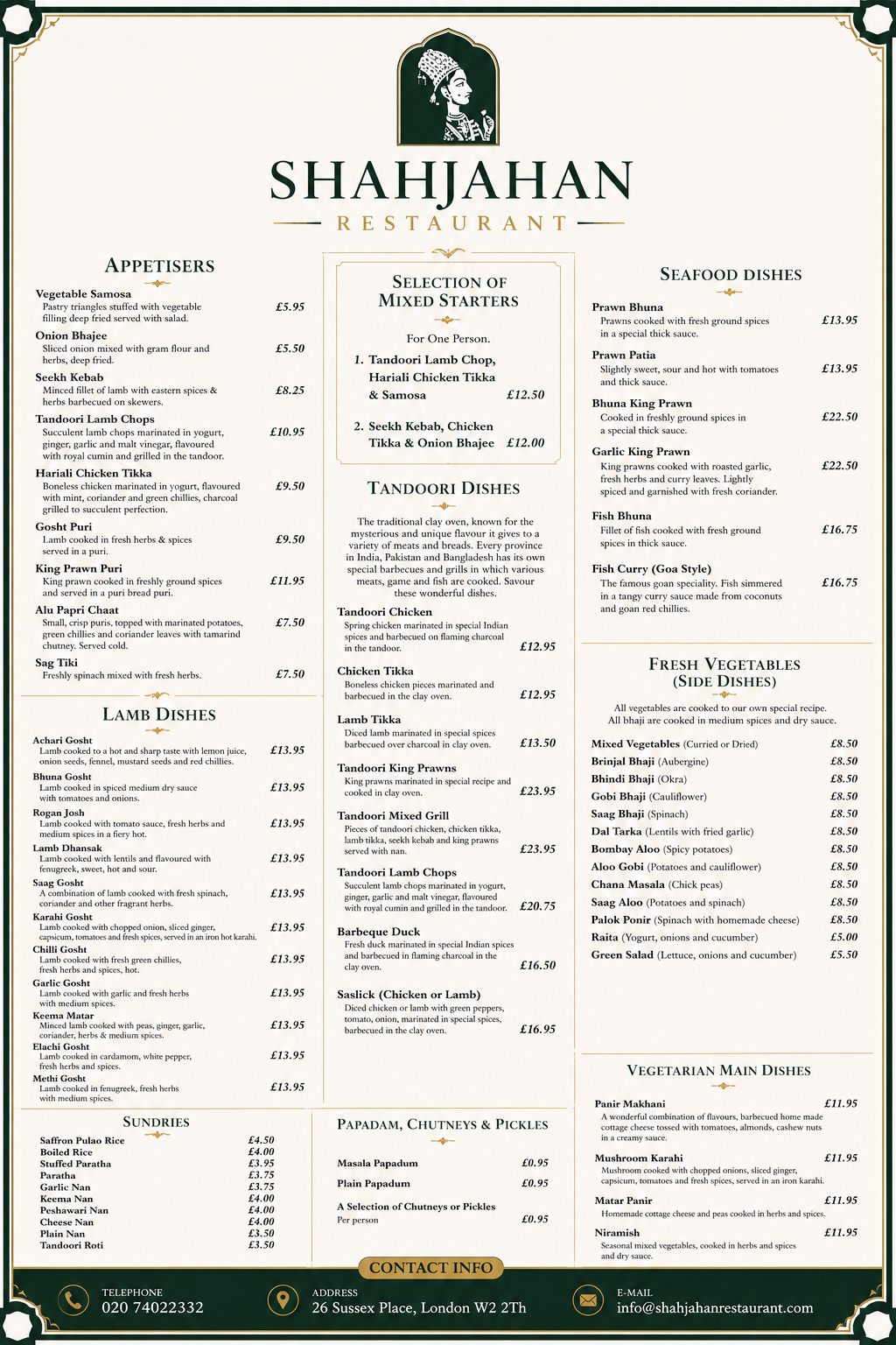Shahjahan Restaurant Menu